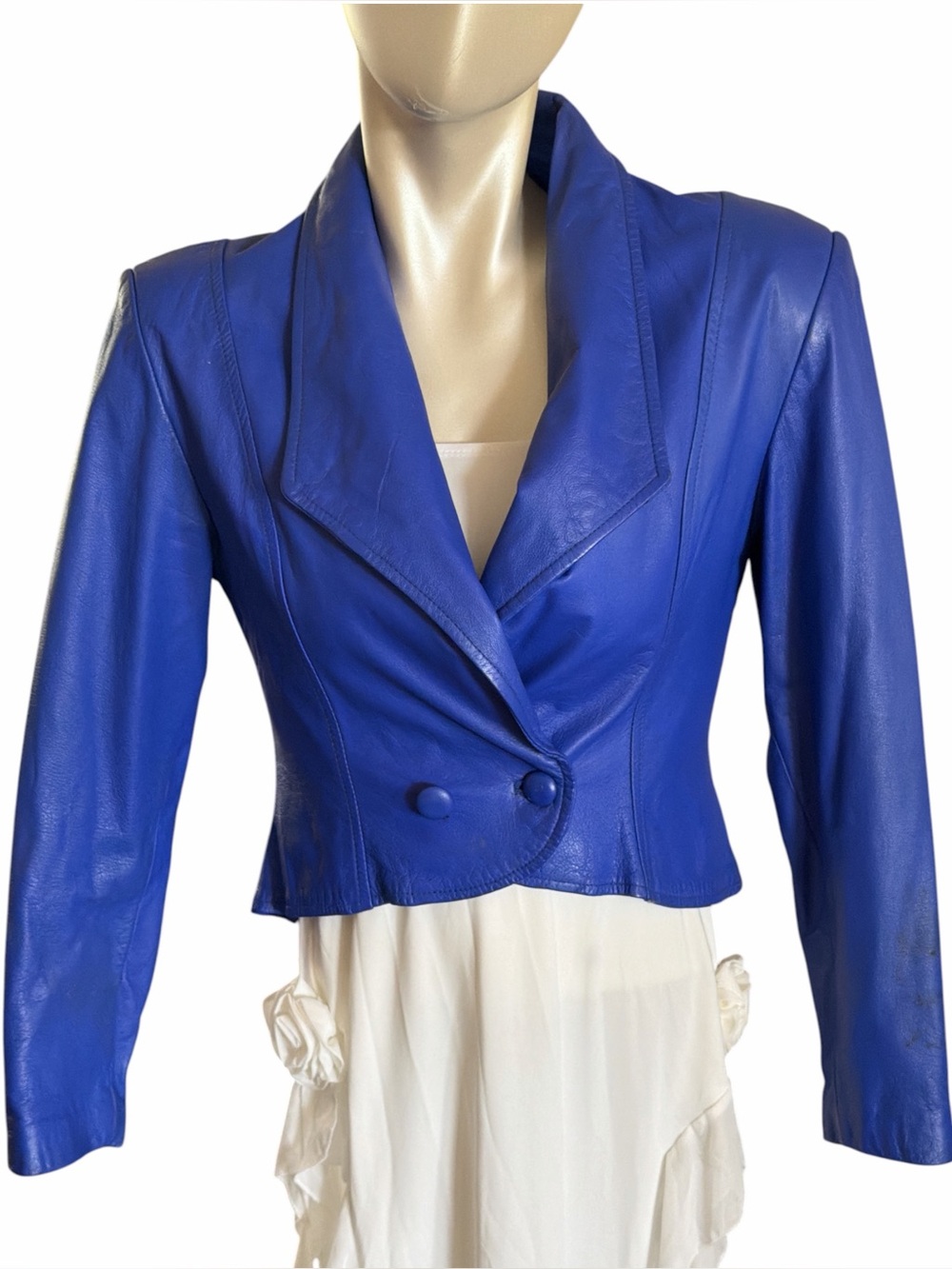 1980s CHIA Women's Cobalt Blue Leather Cropped Blazer Jacket